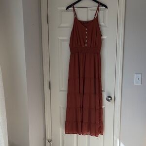 Smocked Waist Rust Maxi Dress with Button Front